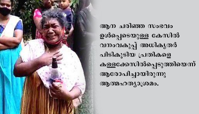 കാട്ടാന ചരിഞ്ഞതിനെ തുടര്‍ന്ന് വനംവകുപ്പ് ഉദ്യോഗസ്ഥര്‍ കര്‍ഷകരെ പീഡിപ്പിക്കുന്നു; കസ്റ്റഡിയിലെടുത്ത യുവാവിന്റെ മാതാവ് മണ്ണെണ്ണയൊഴിച്ച് ആത്മഹത്യക്കു ശ്രമിച്ചു