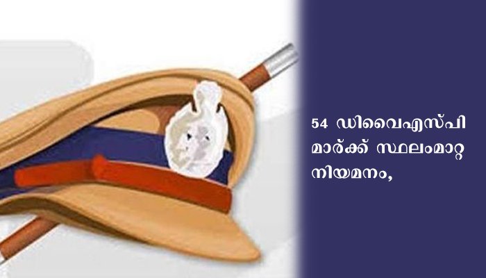 പോലീസില്‍ 54 ഡിവൈഎസ്പിമാര്‍ക്ക് സ്ഥലംമാറ്റ നിയമനം, നാല് ഡിവൈഎസ്പിമാര്‍ക്ക് എസ്പി ആയി പ്രമോഷന്‍, 29 സര്‍ക്കിള്‍ ഇന്‍സ്‌പെക്ടര്‍മാര്‍ക്ക് ഡിവൈഎസ്പിമാരായി സ്ഥാനക്കയറ്റം