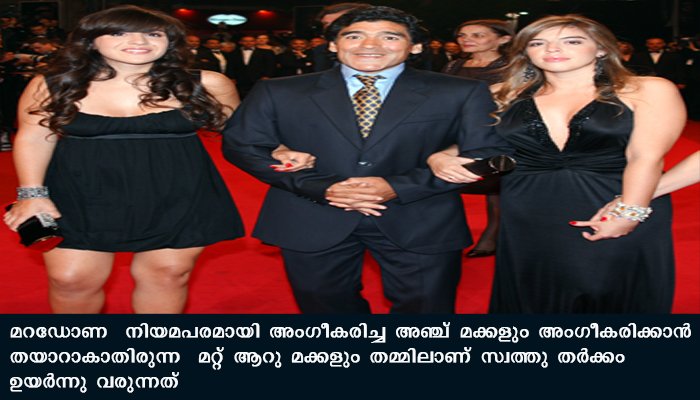 മറഡോണയുടെ മരണത്തിന് പിന്നാലെ പതിനൊന്നു മക്കൾ സ്വത്തു തർക്കവുമായി രംഗത്ത്.തർക്കം ഫുട്ബോൾ ഇതിഹാസം അംഗീകരിച്ച അഞ്ചു മക്കളും മറ്റ് ആറു മക്കളും തമ്മിൽ