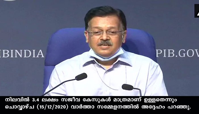 രാജ്യത്ത് 94 ലക്ഷത്തിലധികം കോവിഡ് രോഗികൾ സുഖം പ്രാപിച്ചു , നിലവിൽ 3.4 ലക്ഷം സജീവ കേസുകൾ