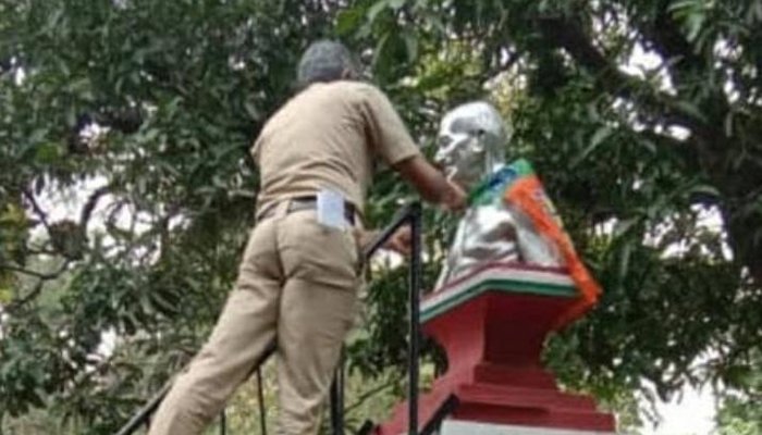ഗാന്ധി പ്രതിമയില്‍ ബിജെപി പതാക കെട്ടിയ സംഭവത്തില്‍ പ്രതിയെ തിരിച്ചറിയാനാകാതെ പോലീസ്