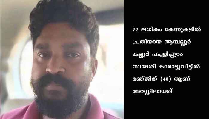 ഒളിവില്‍ കഴിഞ്ഞിരുന്ന 72 കേസുകളില്‍ പ്രതിയായ രഞ്ജിത് അറസ്റ്റിലായി