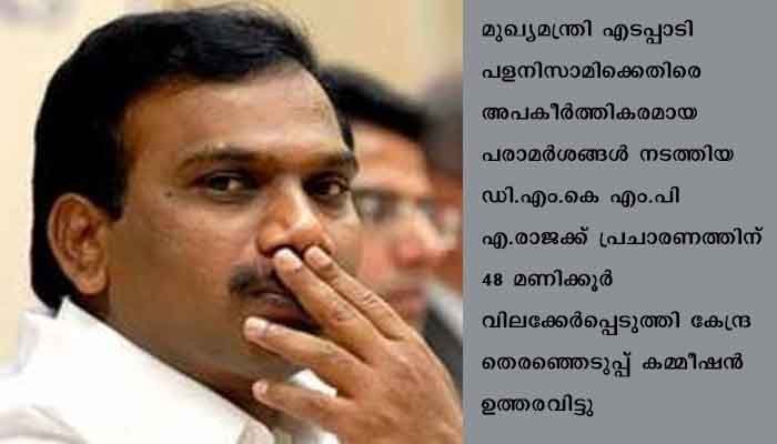 ഡിഎംകെ യുടെ താരപ്രചാരകൻ എ രാജയെ പ്രചരണത്തിൽ നിന്നും വിലക്കി തെരഞ്ഞെടുപ്പു കമ്മീഷൻ