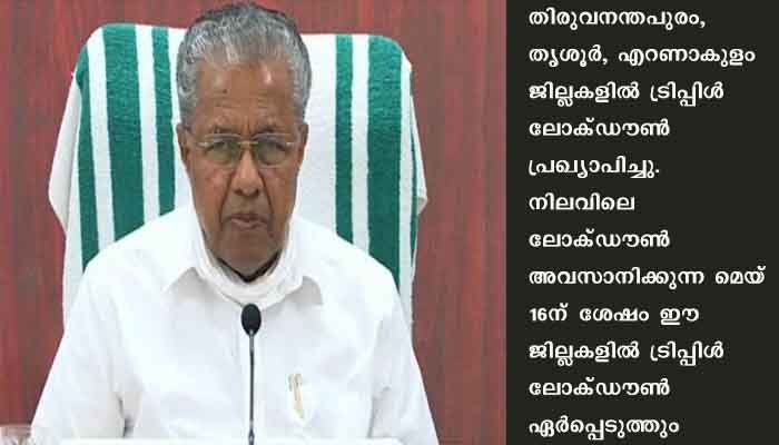 സംസ്ഥാനത്ത് മെയ് 23 വരെ ലോക്ഡൗണ്‍ നീട്ടുന്നു, തിരുവനന്തപുരം, തൃശൂര്‍, എറണാകുളം ജില്ലകളില്‍ ട്രിപ്പിള്‍ ലോക്ഡൗണ്‍
