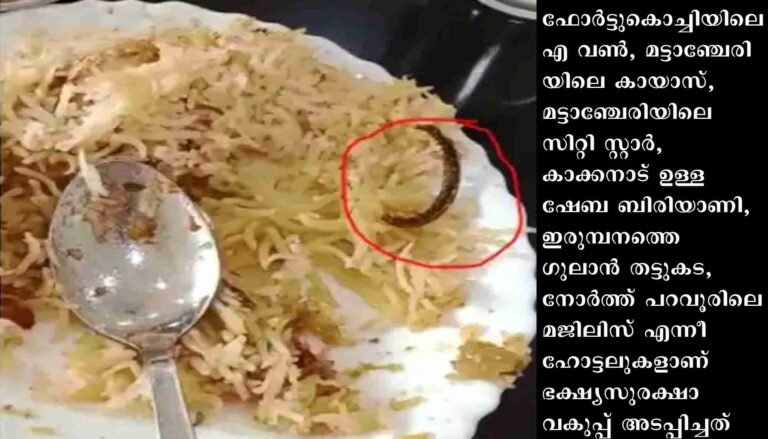 ബിരിയാണിയിൽ പഴുതാര: കൊച്ചിയിൽ 36 ഹോട്ടലുകൾക്കെതിരെ നടപടി, 6 ഹോട്ടലുകൾ അടച്ചുപൂട്ടി