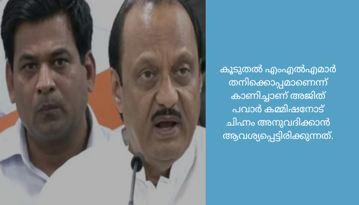ഔദ്യോഗിക ചിഹ്നത്തിനായി തെരഞ്ഞെടുപ്പ് കമ്മിഷനെ സമീപിച്ച് അജിത് പവാർ<br>പാർട്ടി വിട്ട 9 എംഎൽഎമാരെയും അയോഗ്യരാക്കണമെന്ന് ശരദ് പവാർ വിഭാഗം ആവശ്യപ്പെട്ടിട്ടുണ്ട്.