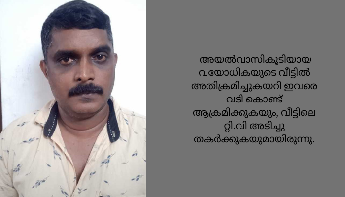 വയോധികയുടെ വീട്ടിൽ കയറി ടി വി അടിച്ചു തകർക്കുകയും;വടി കൊണ്ട് ആക്രമിക്കുകയും ചെയ്ത എലിക്കുളം സ്വദേശിയായ യുവാവ് അറസ്റ്റിൽ